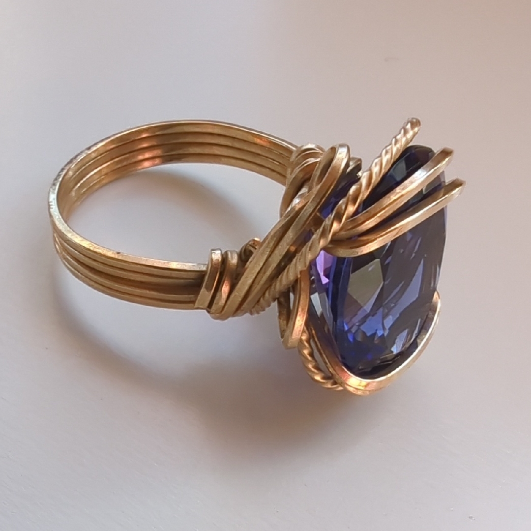Yellow Gold Filled Faceted Purple Glass Wire-Wrapped Ring Size 6